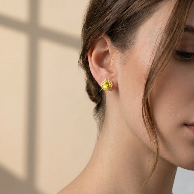 Women's Synthetic Zircon Stud Earrings, 925 Silver Golden Design